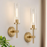 Modern Brushed Gold Wall Sconces with Clear Glass – Set of 2