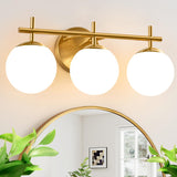 3-Light Brushed Gold Vanity Light with Milk White Glass Globes