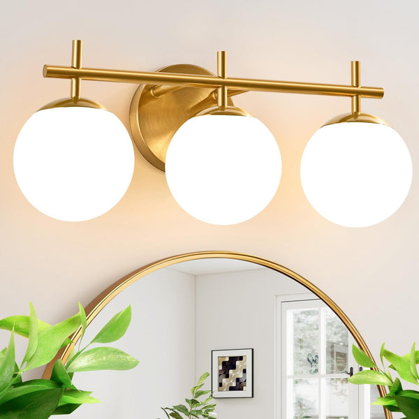 3-Light Brushed Gold Vanity Light with Milk White Glass Globes
