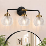 3-Light Green Leaf Glass Vanity Light in Matte Black & Gold