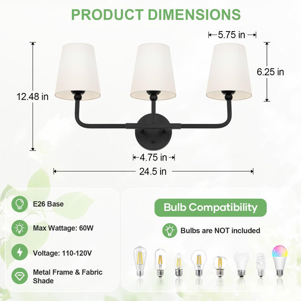 3-Light Matte Black Vanity Light with White Fabric Shades