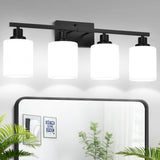 4-Light Matte Black Bathroom Vanity Light with Milk White Glass Shades