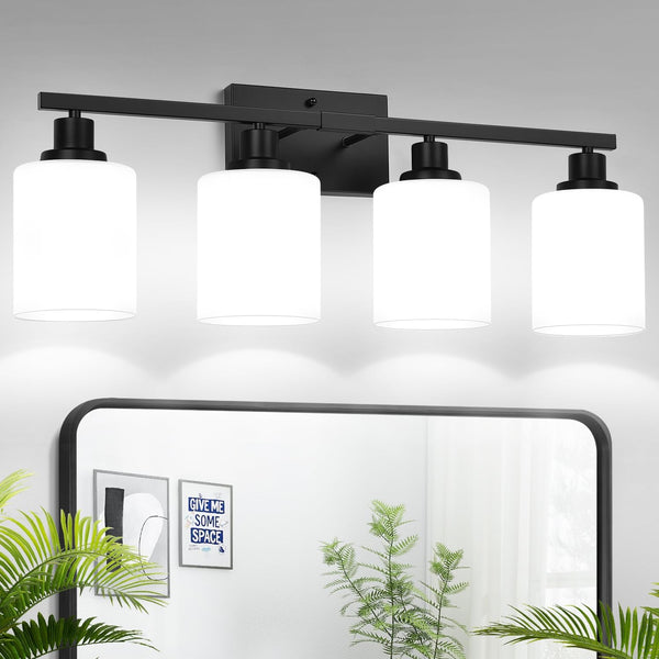 4-Light Matte Black Bathroom Vanity Light with Milk White Glass Shades