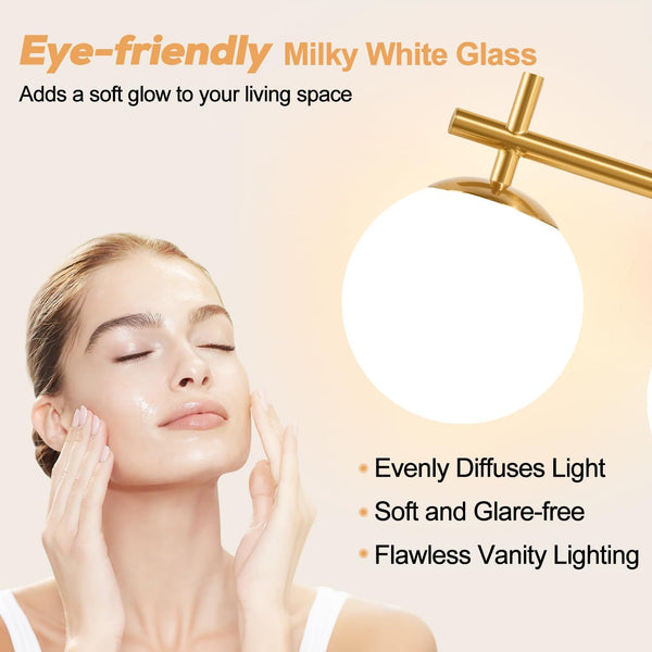 3-Light Brushed Gold Vanity Light with Milk White Glass Globes