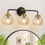 3-Light Green Leaf Glass Vanity Light in Matte Black & Gold