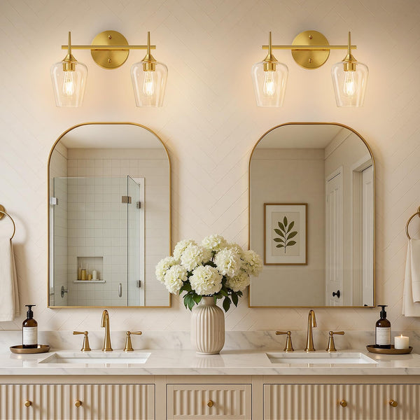 2-Light Brushed Gold Vanity Light with Clear Glass Shades