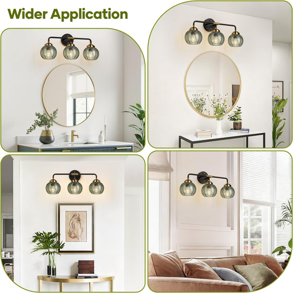 3-Light Green Leaf Glass Vanity Light in Matte Black & Gold