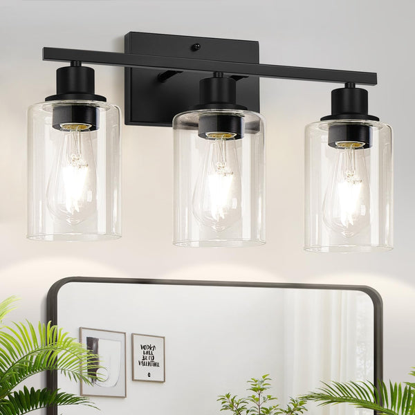 3-Light Matte Black Vanity Light with Clear Glass Shades
