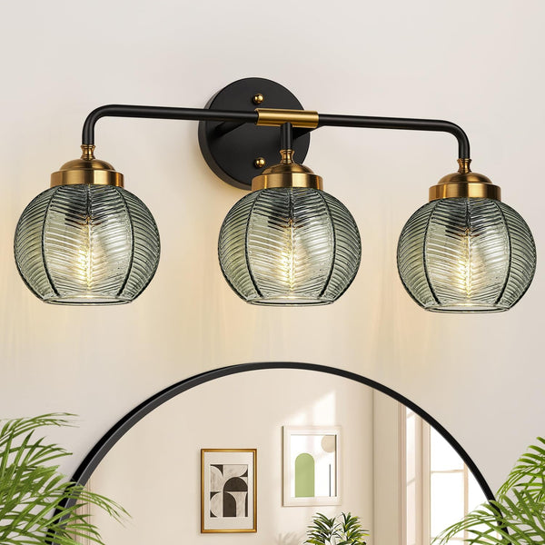 3-Light Green Leaf Glass Vanity Light in Matte Black & Gold