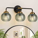 3-Light Green Leaf Glass Vanity Light in Matte Black & Gold