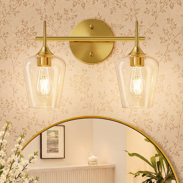 2-Light Brushed Gold Vanity Light with Clear Glass Shades