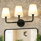 3-Light Matte Black Vanity Light with White Fabric Shades