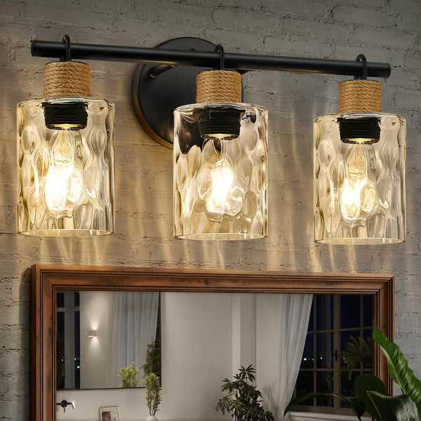 3-Light Coastal Black Vanity Light with Crystal Glass Shades